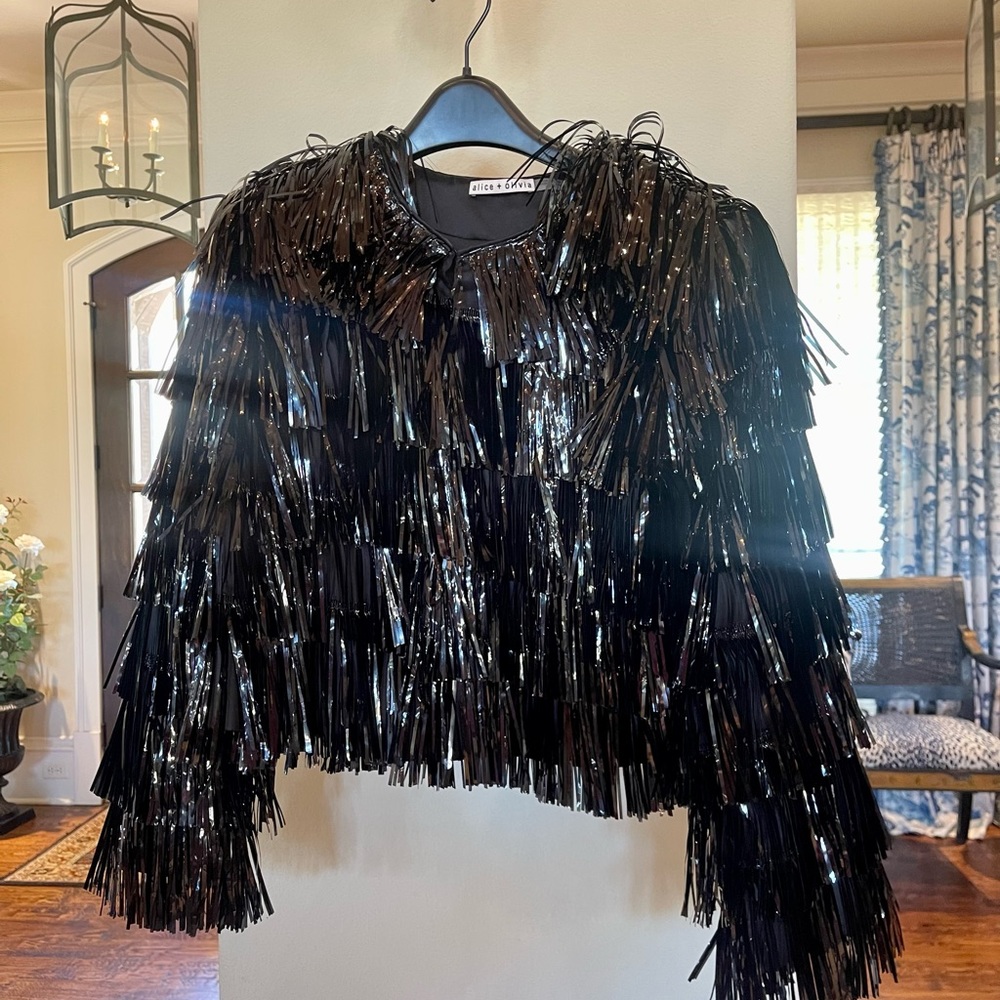 Alice and Olivia black fringe jacket.